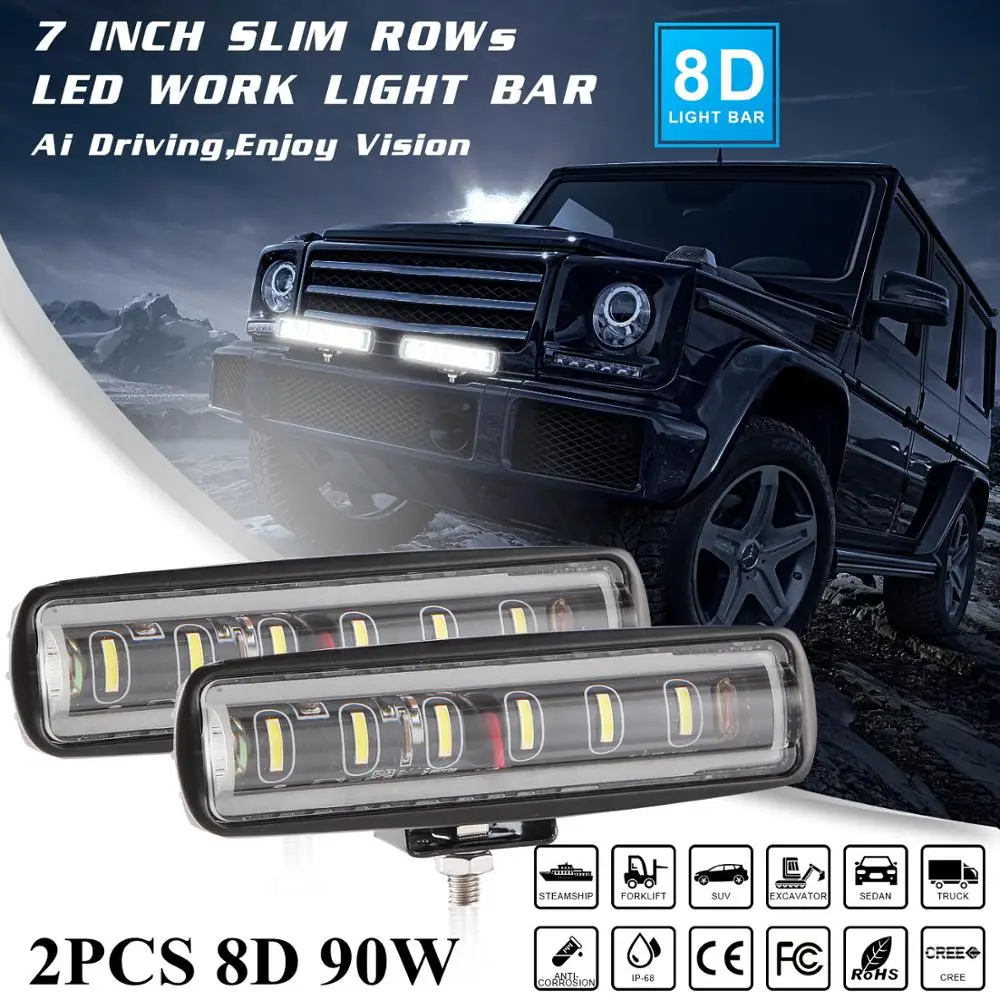 

2PCS 7inch 90W 8D convex lens LED Light Bar White Spotlight for Car Tractor Boat Niva 4x4 Off Road Truck SUV ATV Led Work Light