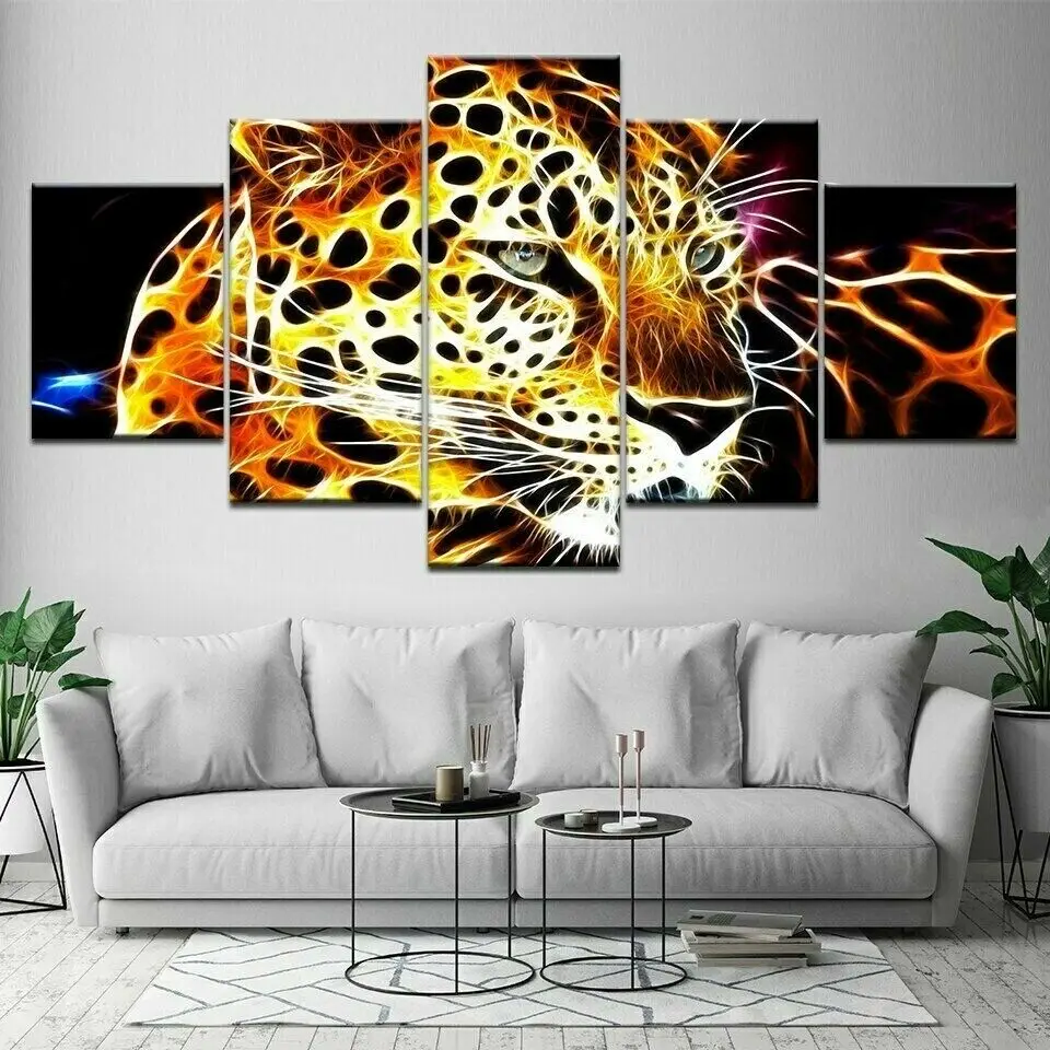 

Abstract Leopard Animal Face Poster 5 Panel Canvas Picture Print Wall Art Canvas Painting Wall Decor for Living Room No Framed