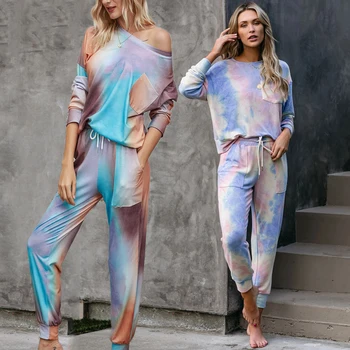 

2020 Women Sets Home Tie Dye Long Sleeve Top Shirt Pants Outfits Casual Suit Loose Two Piece Sets Fashion Women Sleepwear
