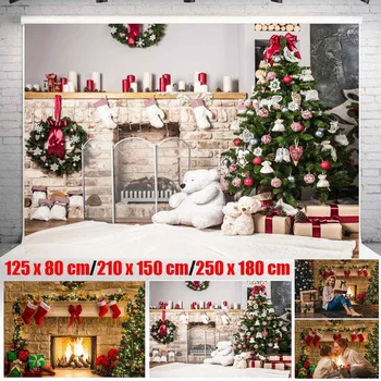 

Christmas Backdrop for Photography Fireplace and Chirstmas Tree Background for Photo Studio Red/White Sock Wood Wall Photocall
