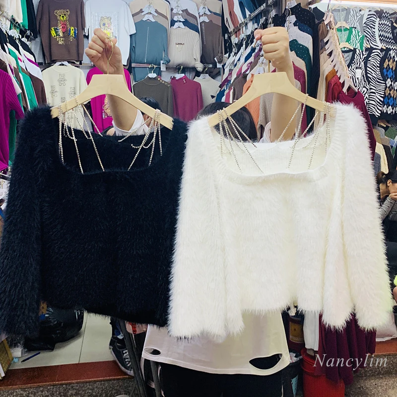 

Rhinestone Strap Women's Sexy Sweater Loose Outer Wear Mink Fur Knit Crop Top Lady Streetwear All-Match Short Jumper Pullovers