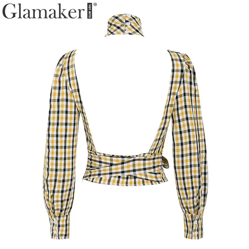 Glamaker Клетчатая блуза с длинным рукавом, рубашка для женщин, безчерная Корейская блуза со шнуровкой на поясе, женская модная винтажная женская блузка