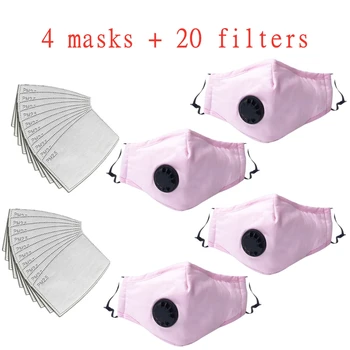 

20PCS Filters + 4pcs MaskRespirator Cotton Breath Valve PM2.5 Face Mouth Mask Anti-Dust Anti Pollution Filter Cloth pink