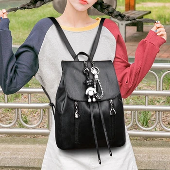 

Black School Supplies Backpack Female PU Leather Large Capacity Bag for Adolescent Girls Interior Zipper Pocket Shoulder Bookbag