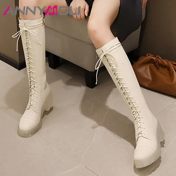 

ANNYMOLI Motorcycle Boots Women Lace Up Platform High Heel Long Boots Block Heel Knee High Boots Zip Lady Shoes Autumn White 43