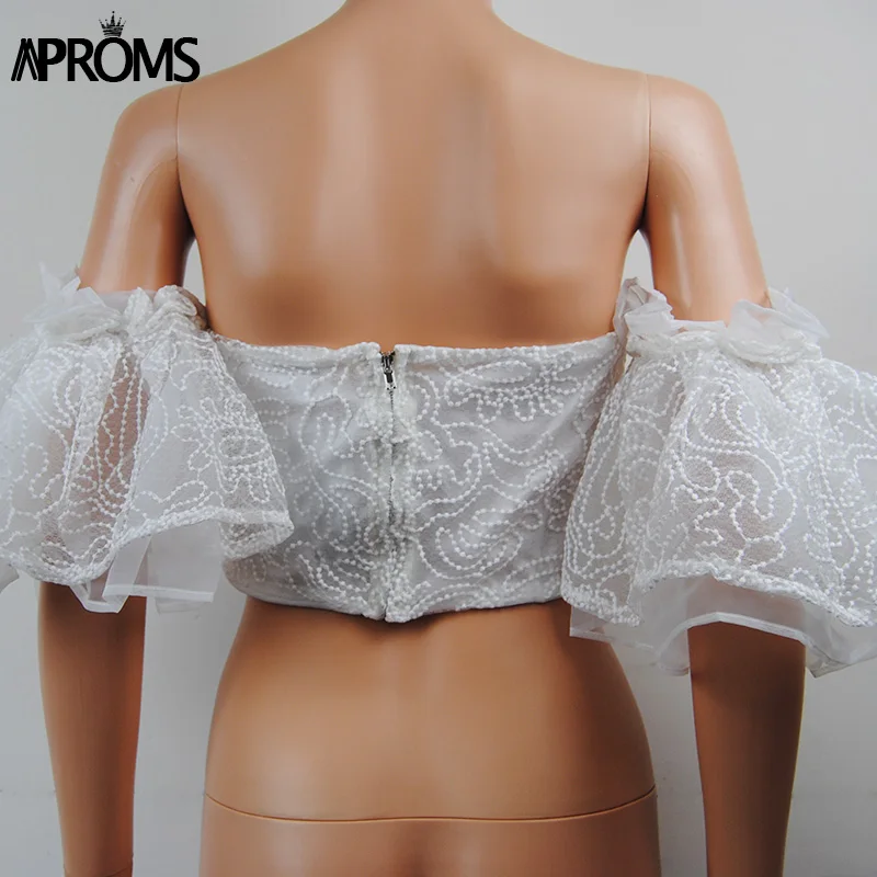 Aproms Элегантный с плеча кружева Mesh Crop Top Для женщин пикантные открытые белые бак тосп Прохладный расклешенными рукавами для девочек трубки майки