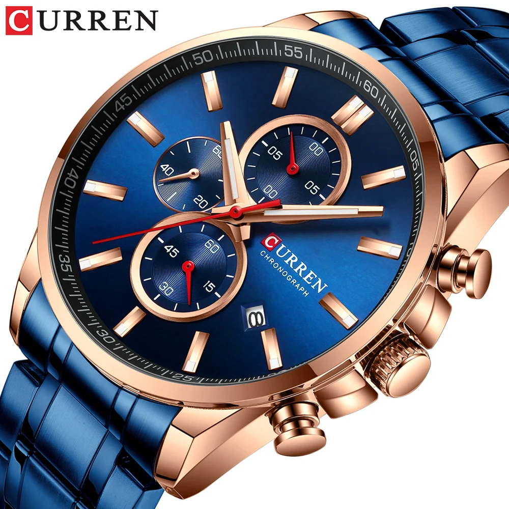 CURREN Men Watch Causal Sport Watches Top Luxury Brand Blue Full Steel Quartz Wristwatch Chronograph Military Male Clock