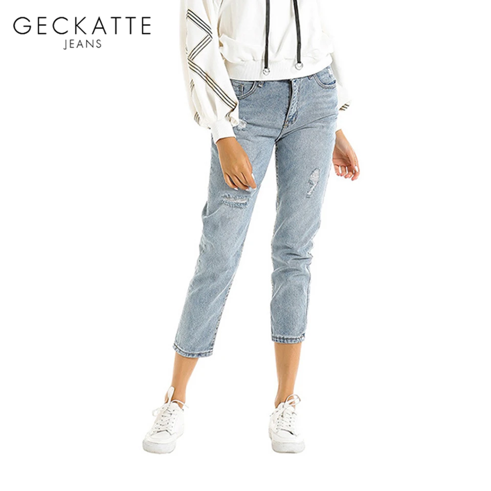 

GECKATTE New Fashion Washed Light Blue Denim Distressed Jeans Woman Ankle-length Straight High Waist Pants Ladies Street Wear