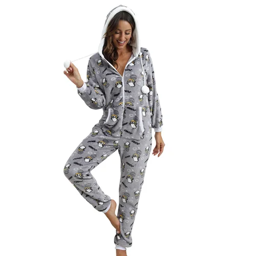 따뜻한 플란넬 잠옷 여성 크리스마스 동물 프린트 점프 슈트 성인 겨울 까마귀 v-넥 Onesies 여성 Loungewear 지퍼 잠옷 2