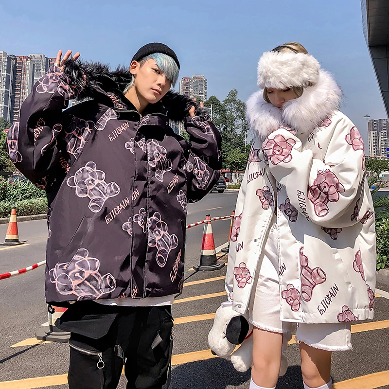 Парка с меховым воротником, толстая, рисунок с милым медведем, Harajuku, уличная Мужская ветровка с капюшоном, хип-хоп зимняя куртка, модное пальто