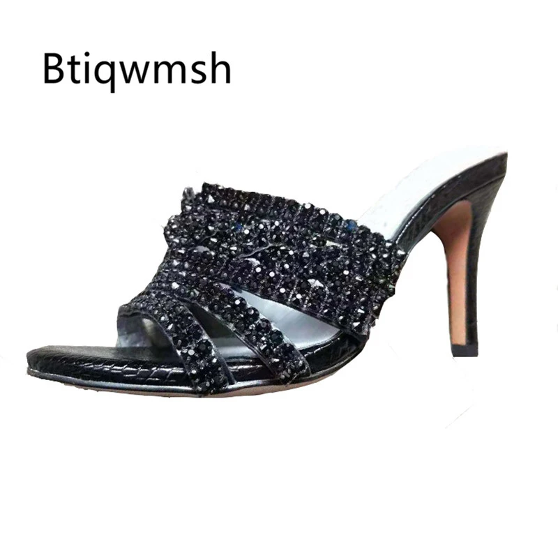 

2019 Crystal Sandals Women Peep Toe Black Green Red Silver Rhinestone 10cm High Heel Shoes Woman Sexy Slippers Wedding Shoes