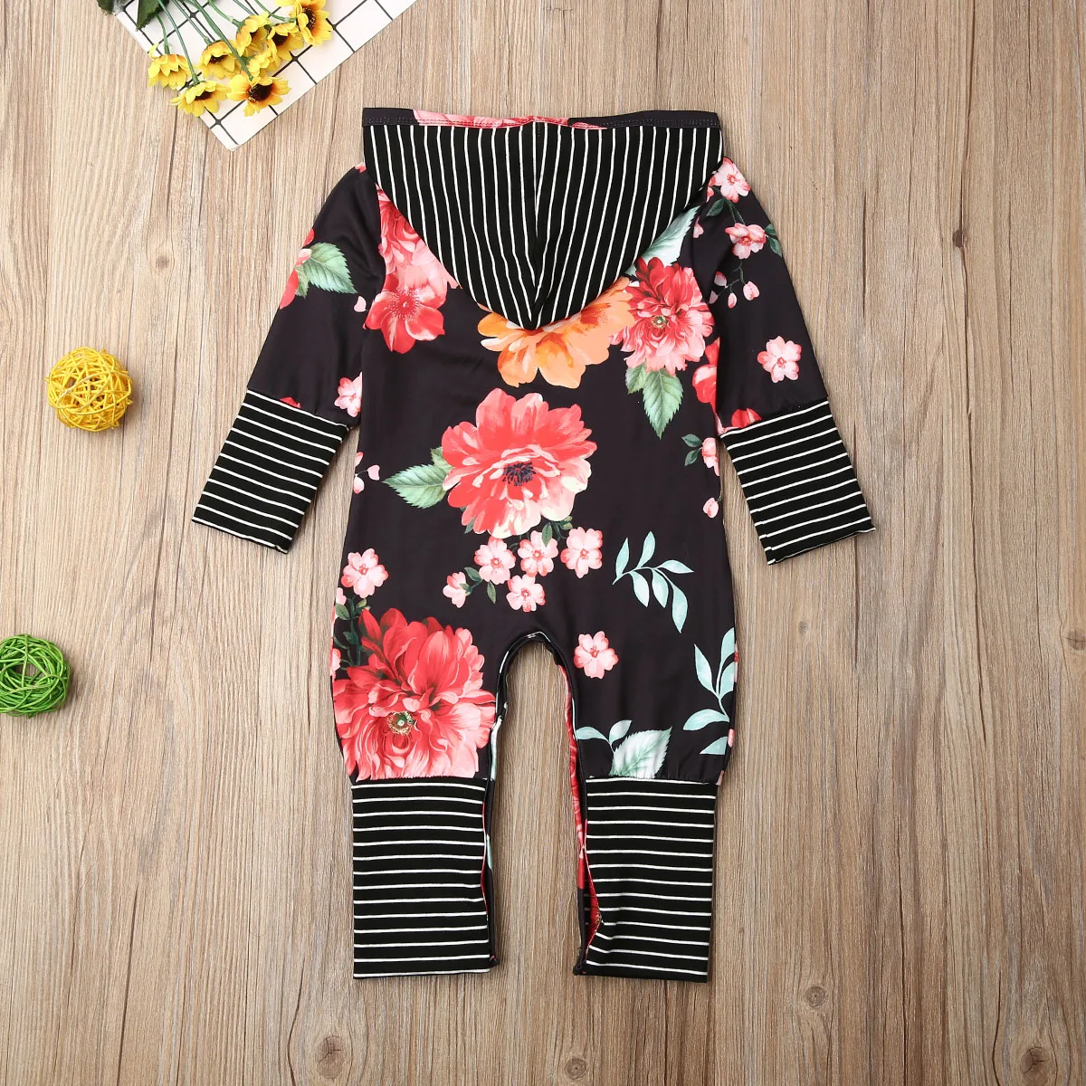 Focusnorm/комбинезон с капюшоном и длинными рукавами для новорожденных девочек от 0 до 24 месяцев полосатый пляжный костюм с цветочным рисунком комбинезоны