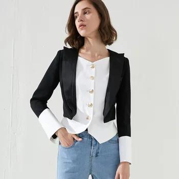 

Fall Winter New Fashion 2019 Runway Women Short Jackets Full Sleeve Metal Buttons Patchwork Black White Casual Outerwear