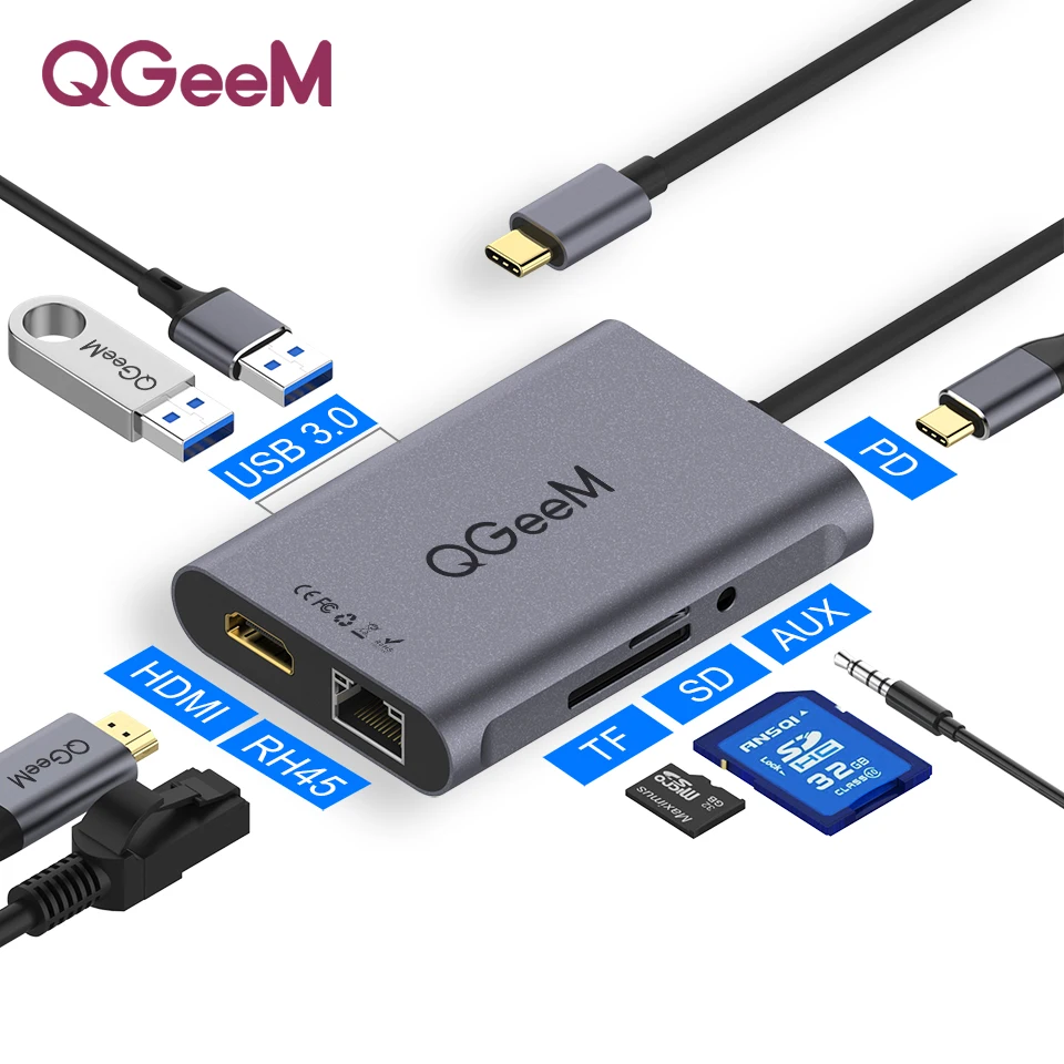 QGeeM 8 в 1 USB C концентратор для Macbook Pro usb-хаб 3,0 адаптер PD HDMI RJ45 TF SD 3,5 мм Aux type C концентратор для iPad Pro сплиттер док-станция - Цвет: 8 Ports HUB