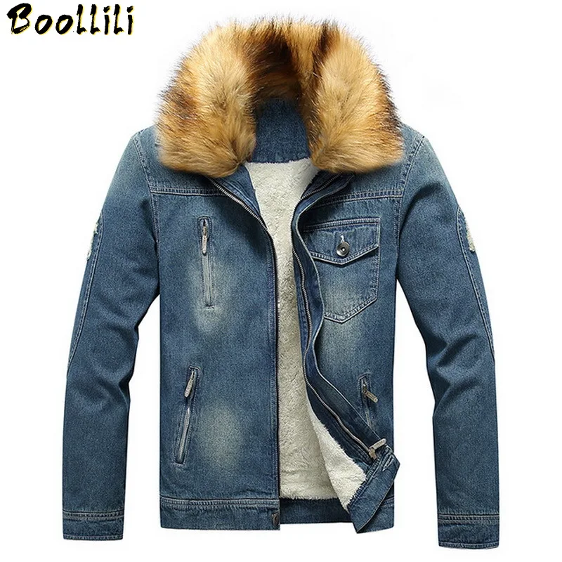 

Denim Jeans Men'S Winter Jacket Coats 2020 Casual With Fur Hooded Plus Velvet Lining Asian Size M-4XL 5XL 6XL