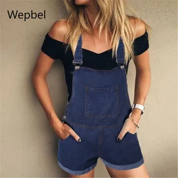 

WEPBEL Denim Overall Solid Color High Waist Jeans Shorts Autumn Casual Women Jeans Sports Double-Shoulder Fashion Denim Jumpsuit