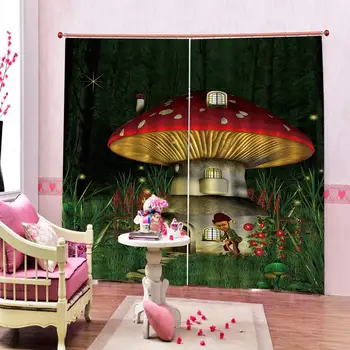 

Custom any size Funny Cartoon Wonderland Mushroom House Kids Curtain Large Window For Children's room Bedroom Drapes Decor