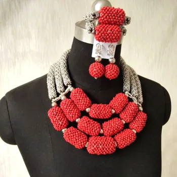 

4UJewelry Red And Silver Fine Jewelry Set For African Women Crystal Handmade Balls Bold Jewellery Set Nigerian Weddings 3 Layers