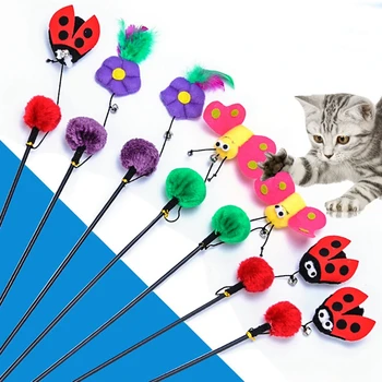 

2PCS Cat Teaser Toy Bell Flower Pompom Faux Feather Cat Wand Cat Interactive Toy Cat Funny Favor Toy Training Toys Accessories
