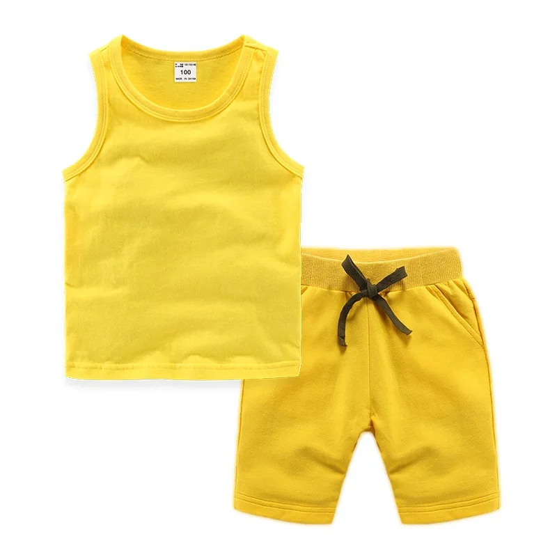 Kids Clothing Set Retail Kids Clothes Toddler Boys Solid Outfits Children Suit Summer Tees Suits Cotton Unisex Vest T-shirt + Shorts 2Pcs/Set 2-12