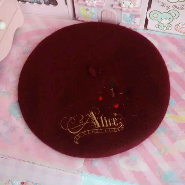 Милые мягкие японские игрушки Лолита клубника корейский берет шерстяные шляпы берет живописца шапка женское сладкое печенье - Цвет: Red wine
