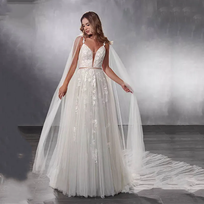 

Sexy Spaghetti Lace Appliques With Ribbon Waist Tulle Wrap Formal Bridal Gowns Spring Garden Robe De Mariee Princess Vestidos