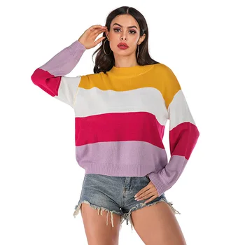 

Women Sweater Pullover Autumn Winter Round Collar Long Sleeve Colour Collision Splicing Short Style Knitted Pullover Female Tops