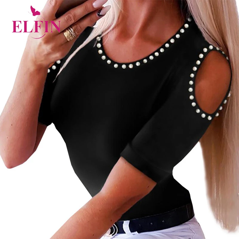 

Beading Women T-shirt Hollow Out Sexy Elegant Tshirt Short Sleeve Black Tee Shirt Femme Summer Women Tops SJ4114R