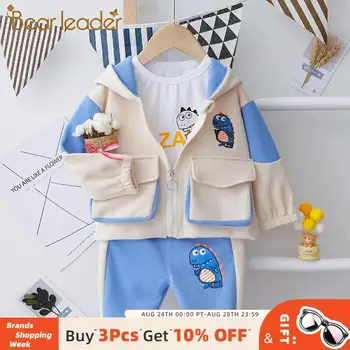 

Bear Leader 2020 Autumn Kids Cartoon Pattern Cute Outfits for Boys Zipper Hooded Jacket Letter Tops and Dinosuar Print Pants Set