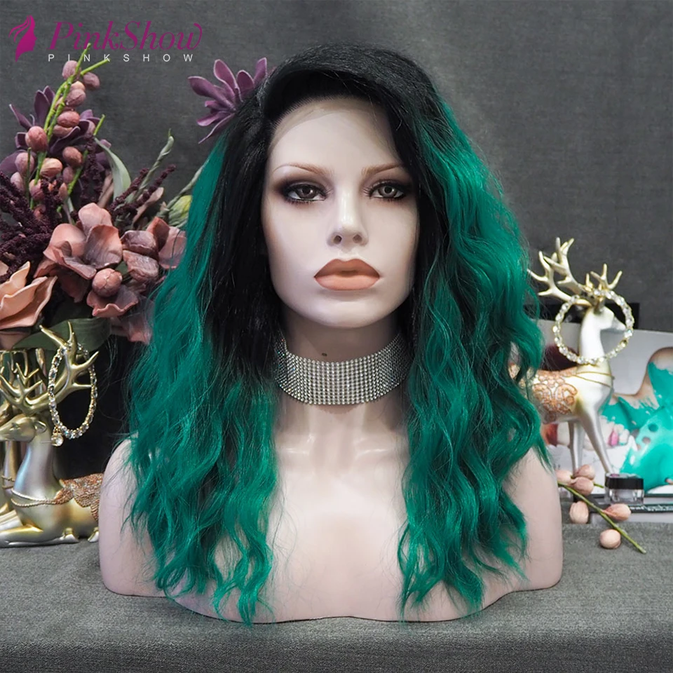 

PINKSHOW Green Wig Black Root Natural Wave Synthetic Lace Front Wig High Temperature Fiber Hair Cosplay Wigs For Women