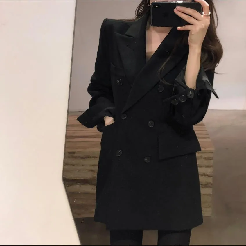 2020 Autumn Women Double Breasted Blazer Korean Black White Loose Notched Women Blazers And Jackets Ladies Office Coat Long
