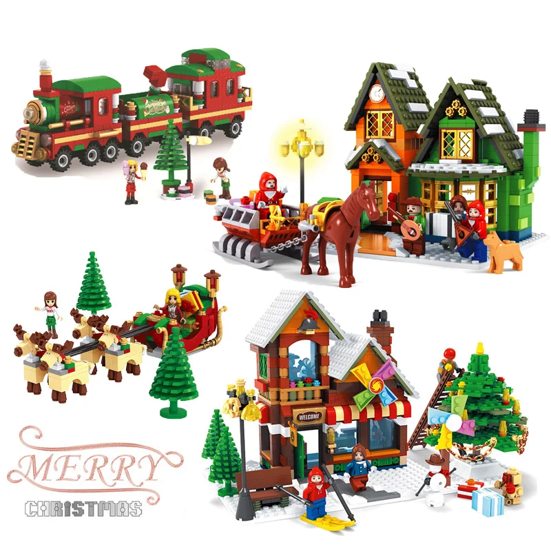 

Kids Toys Merry Christmas House Model Building Blocks Santa Ride Bricks Train Carriage Truck Mini Figures Toys For Children Gift