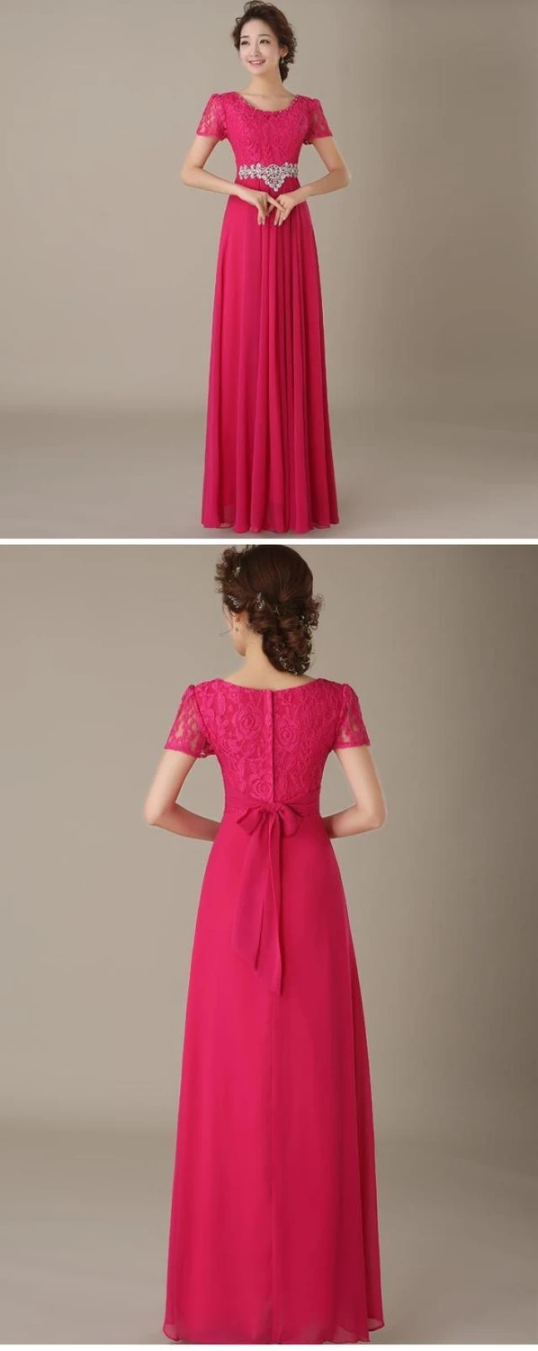 Sweet Memory Red Blue Champagne Green Lace Short Sleeve Floor Length Chiffon Bridesmaid Dresses C4522