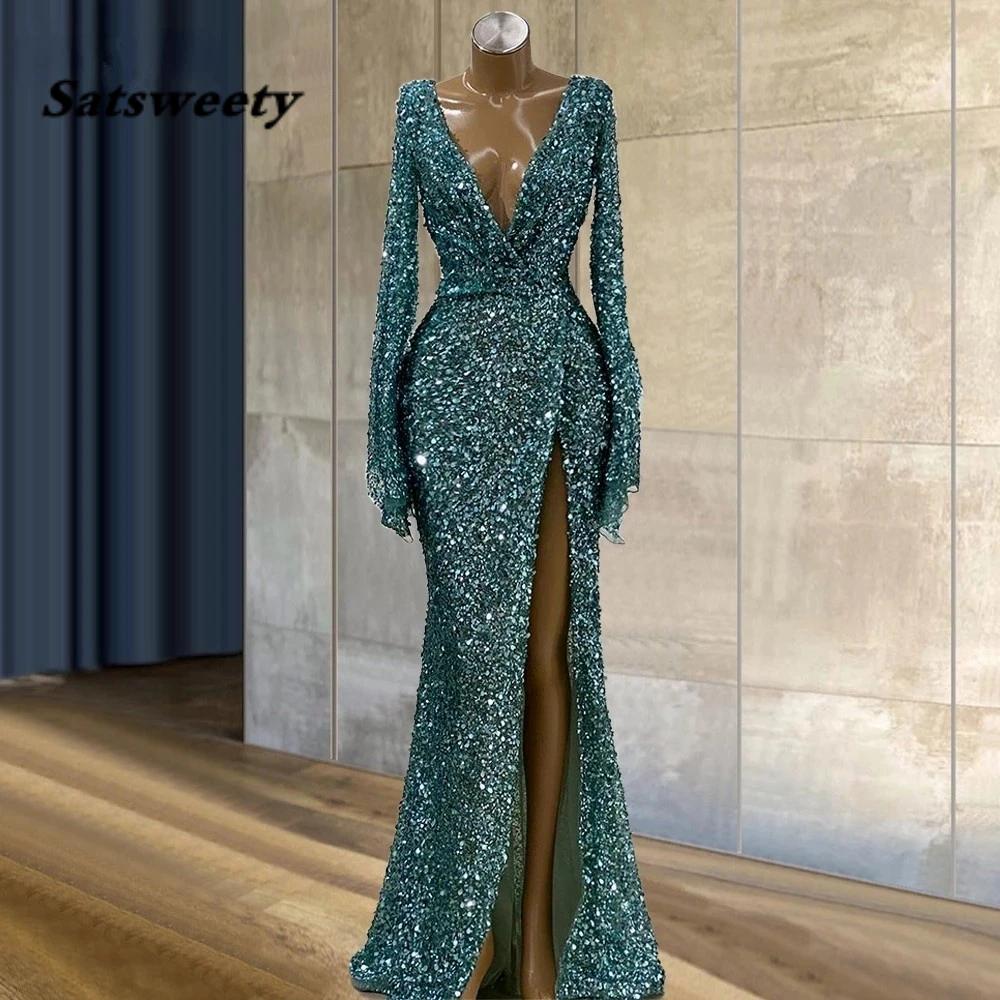 Blue Glitter Sequins Mermaid Evening Dresses Long Sleeves Sexy Deep V Neck Front Slit Party Night Vestidos De Noite Prom Gowns petite formal dresses