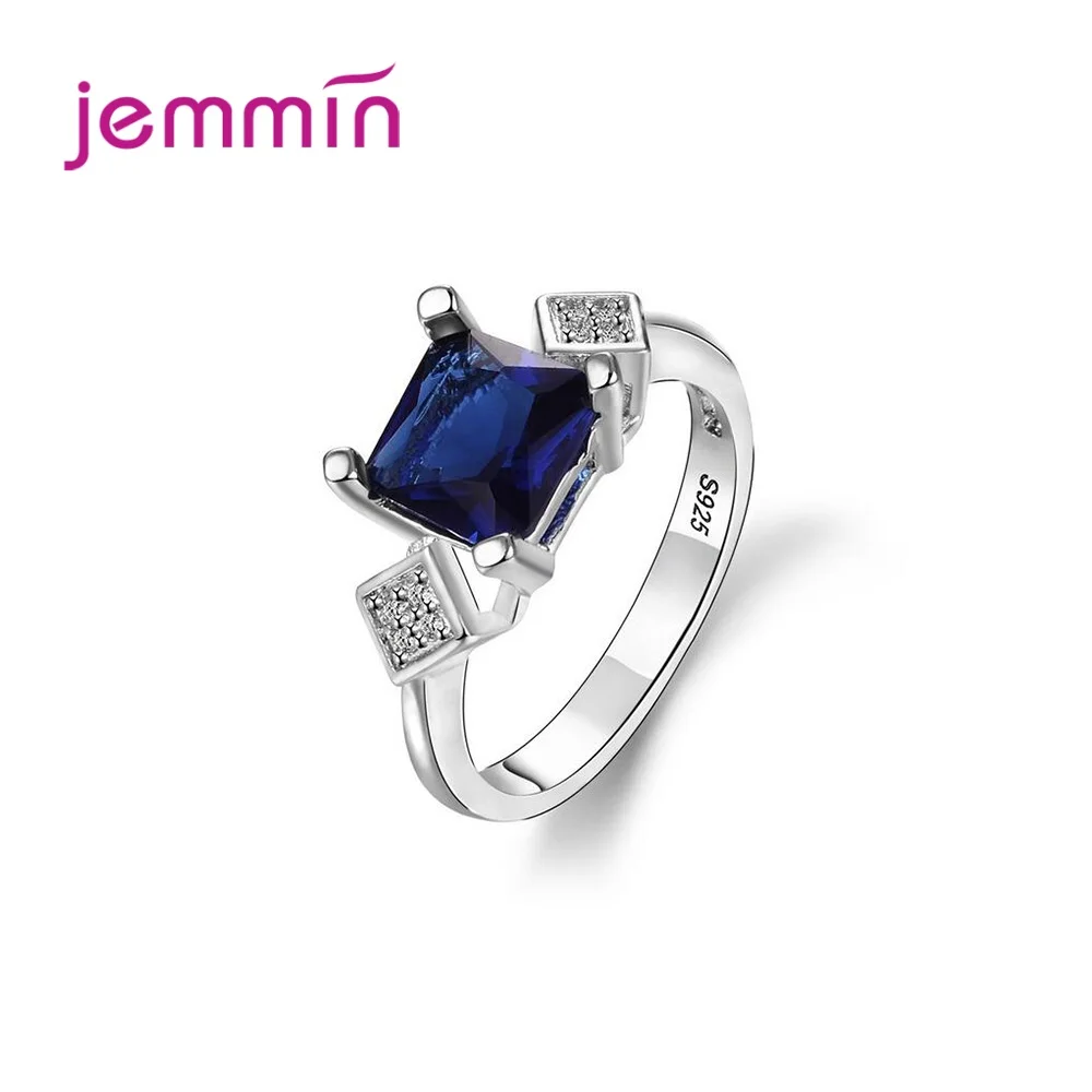 

Top Quality 925 Sterling Silver Ring for Women Girls Wedding Engagement Square Blue Cubic Zirconia Prong Setting Trendy Jewelry