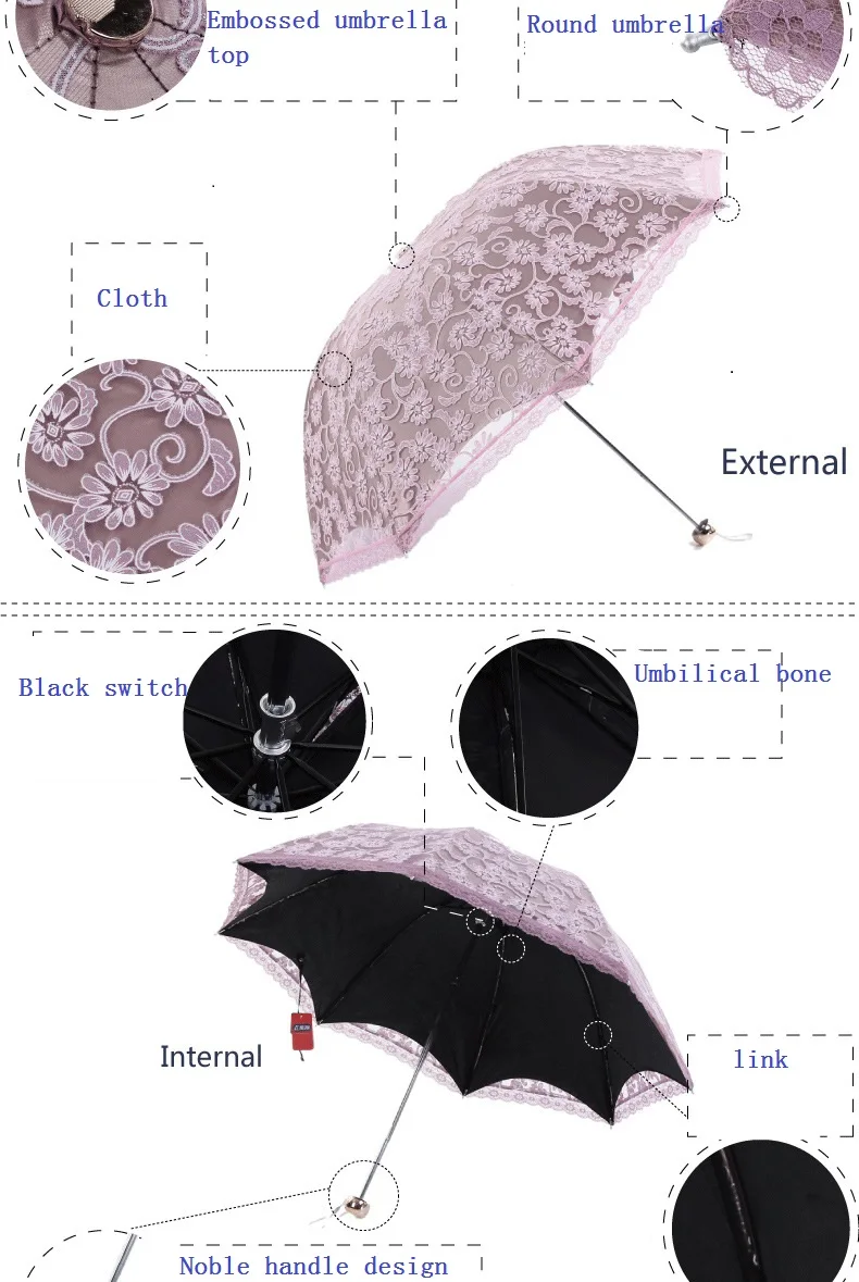 Женский зонт от солнца, дождя, элегантный кружевной зонт принцессы, зонты, три складных зонта, анти-УФ зонтик