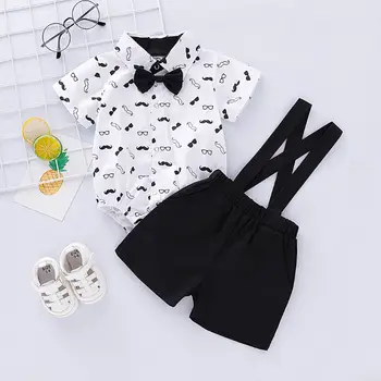 

2PCS Set Newborn Baby Infant Short Sleeve Romper Gentalmen Moustache Bow Tie Jumpsuit Overall Bib Pants Shorts Suit
