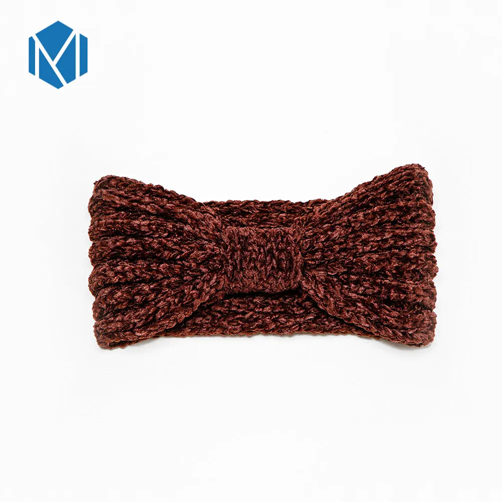 Autumn Winter Bow Hair Band Turban Warmer Chenille Headband Women Pink Elastic Knitted Hair Band Headband Accessories - Цвет: brown