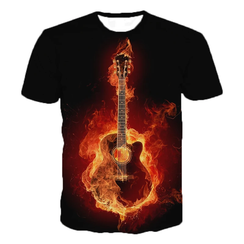 

3D Fire Guitar Print T Shirts Men Women Fashion Hip Hop Casual T Shirt Harajuku Style T-shirts Music Guitar Streetwear Tee Tops