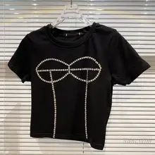 Aliexpress - Slim Fit Tshirt Women 2021 Summer New Bra Pattern Shiny Large Particle Rhinestone Short Sleeve T-shirts White Black Crop Top