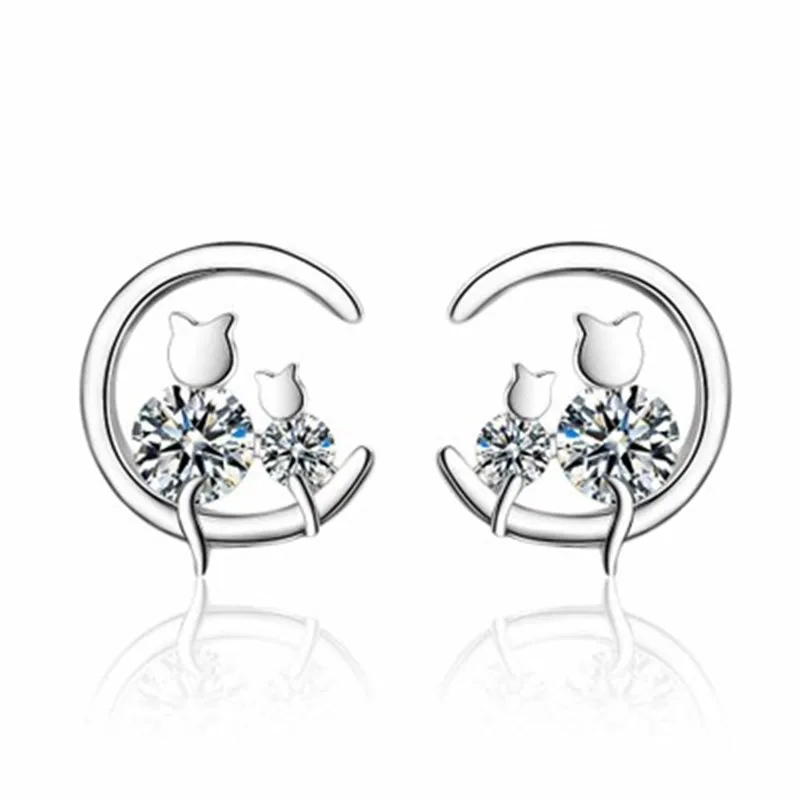 

PISSENLIT Simple Women Jewelry Statement Silver Round Stud Earrings pendientes mujer moda 2019 Lovely Couple Cat Zircon Earring