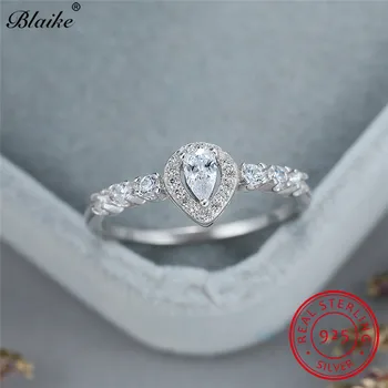 

Real 925 Sterling Silver Rings For Women Pear Cut Vintage Wedding Ring White Zircon Stone Dainty Thin Ring Band Bridal Jewelry