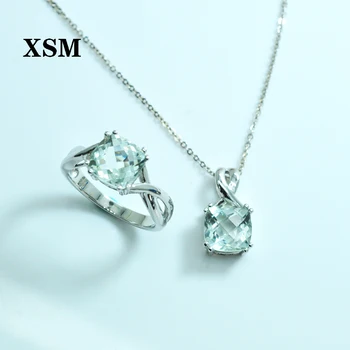 

XSM jewelry sets Natural Green Amethyst Fine Jewelry Rings and pendant For Women Wedding Fine Elegant Classic Jewelry Gifts box
