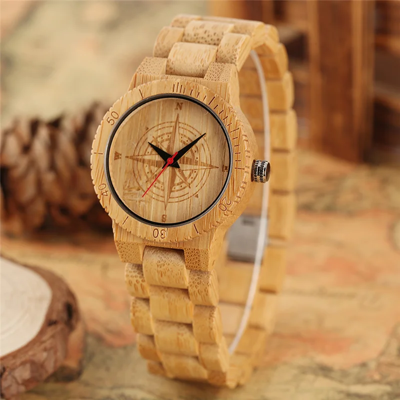Vintage Wooden Clock Compass Skull Dial Lady Wrist Watches Quartz Analog Movement Clock Fashion Wood Bangle Full Bamboo Strap