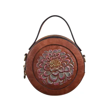 

2020 New Designer Elegant Lady Retro Circular Handbags Women Luxury Top Handle Flower Press Grain Shoulder Bags