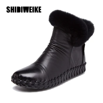 

Warm winter shoes women snow boots 2020 solid plush ankle boots women Genuine Leather round toe casual shoes woman v972