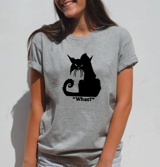 Kawaii WHAT CAT забавная футболка Женская Футболка Harajuku Cat Хлопковые женские топы с