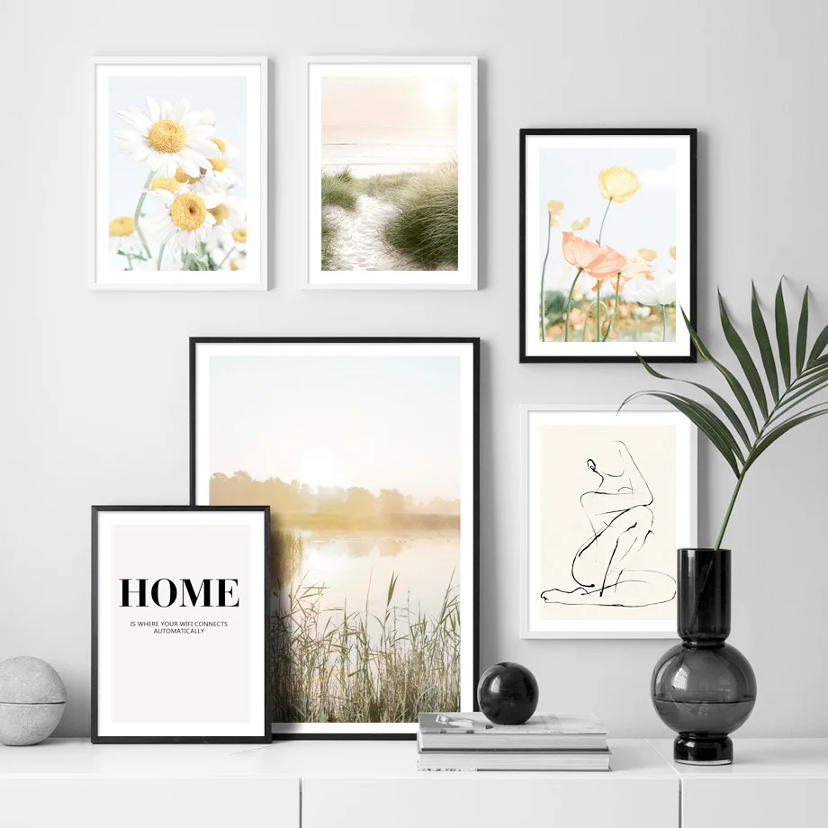 Papavero Daisy Flower Sunset Beach Grass Bird Lake Nordic Poster Wall Art Print Canvas Painting Immagini A Parete Per La Decorazione Del Soggiorno