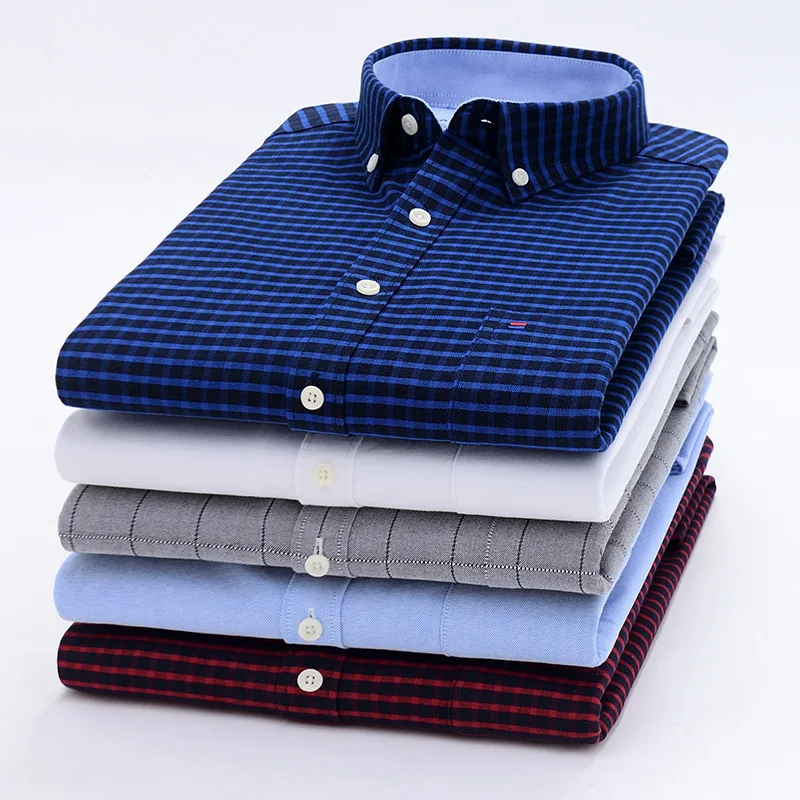 New Men s Long Sleeve Shirt Oxford Fabric Cotton Printed Comfortable Slim Plaid Striped Collar Business 3