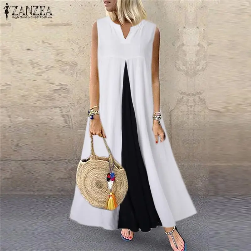 

ZANZEA Summer Dress Women Sleeveless Pacthwork Long Sundress Plus Size Robe Femme Dresses Kaftan Vintage Cotton Linen Vestido